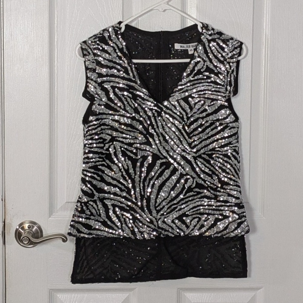 Walter Baker Akin Sequin Zebra Striped‎ Print Sleeveless Party Blouse Size XS